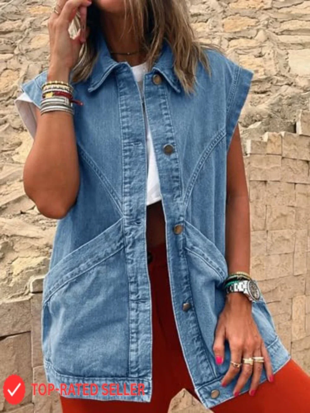 Oversized Denim Vest Sleeveless Button Down Casual Western Women's Jean Vest Top